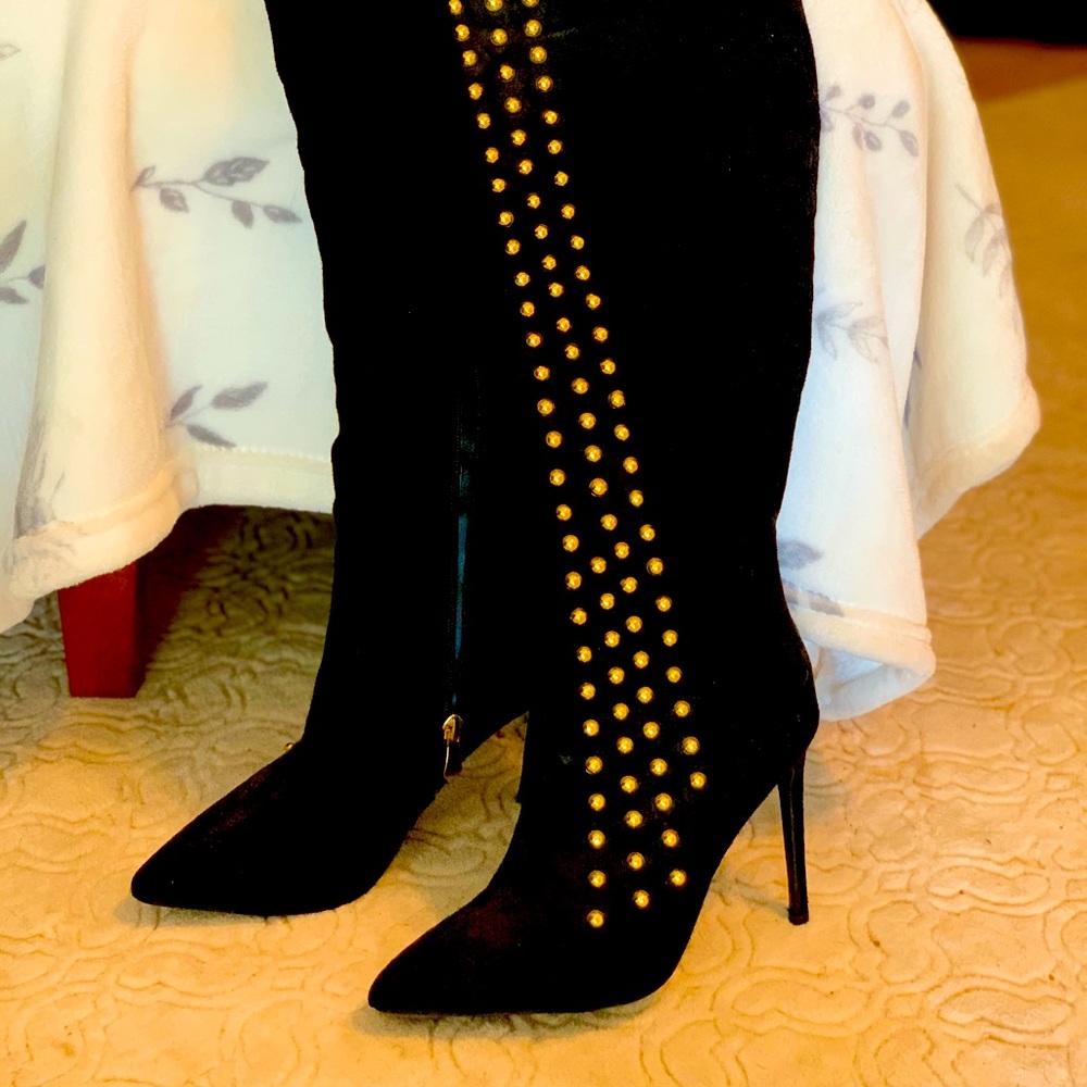Thigh high black suede boots